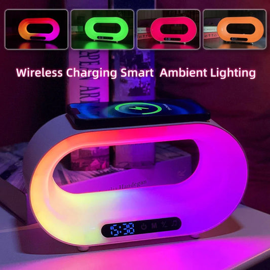 Multi-Function 3 in 1 LED Night Light APP Control RGB Atmosphere Desk Lamp Smart Multifunctional Wireless Charger Alarm Clock