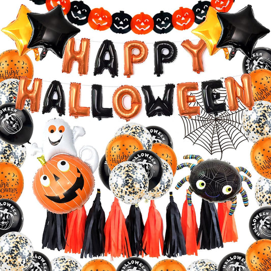 Halloween Party Decorations Set Happy Halloween Banners Kit with Latex Balloons Spider Pumpkin Ghost Aluminum Film Balloon Decorative Balloons Set（Letter Style）