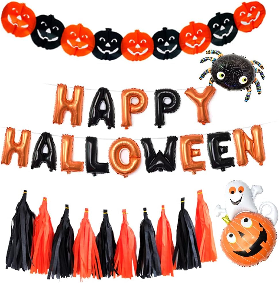 Halloween Party Decorations Set Happy Halloween Banners Kit with Latex Balloons Spider Pumpkin Ghost Aluminum Film Balloon Decorative Balloons Set（Letter Style）